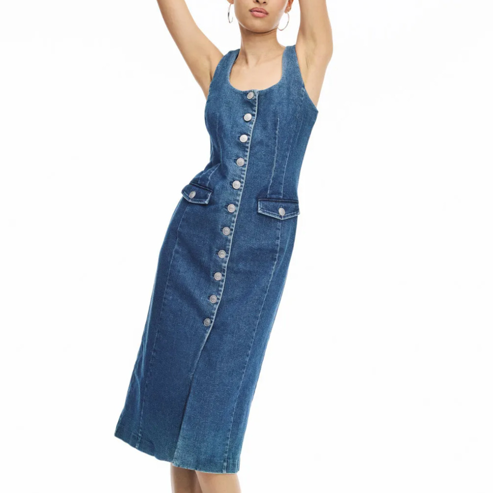 Toccin Denim Sheath Midi Dress Size 2 Designer Jean Pencil Western Stretch $600